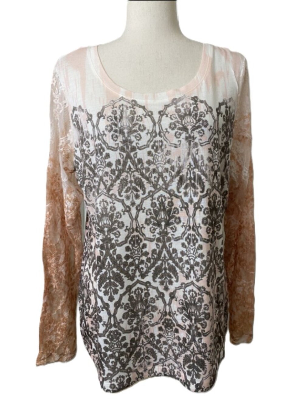 Chico's Womens Essential Neutral Lace Longsleeve Top Akoya Pearl Size 1 [M] NWT